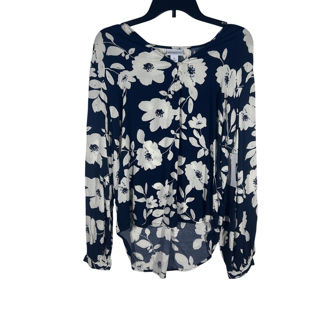 Liz Claiborne Floral Print Long Sleeve Blouse Blue Top Size Medium‎ NEW